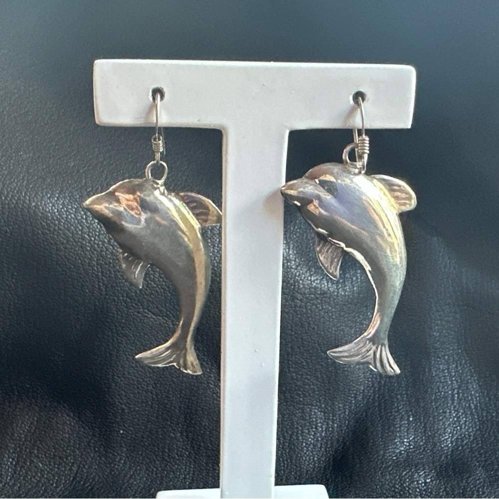Silver Dolphin Drop Earrings - Fish Design